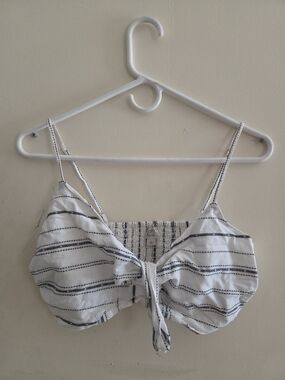 LOFT White and Black Striped Tie-Front Crop Top
